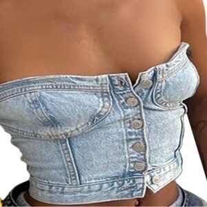 Denim Strapless Button-Front Bustier Crop Top - Light Blue